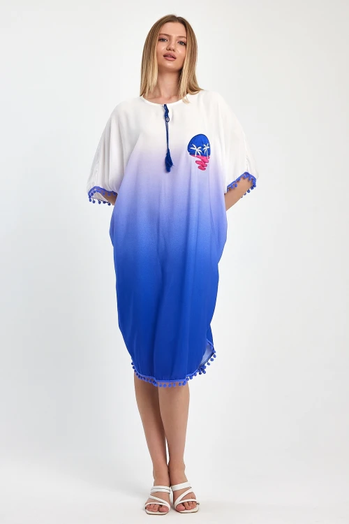 Saks Nakış İşlemeli Püsküllü Dokuma Viscon Elbise