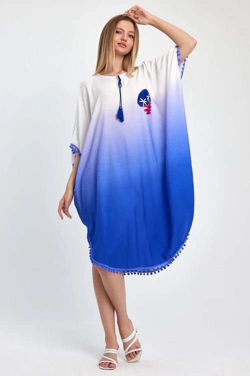 Saks Nakış İşlemeli Püsküllü Dokuma Viscon Elbise