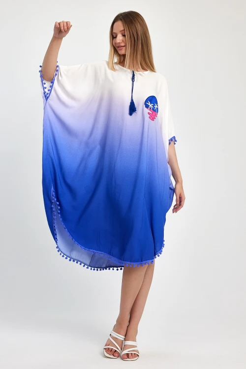 Saks Nakış İşlemeli Püsküllü Dokuma Viscon Elbise