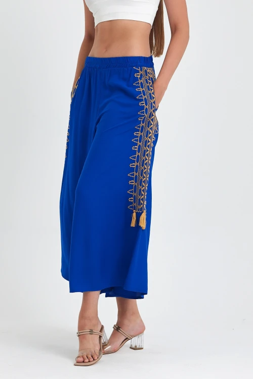 Maxi Boy Saks Nakış İşlemeli Rahat Kalıp Şalvar Pantolon BCVL-25929