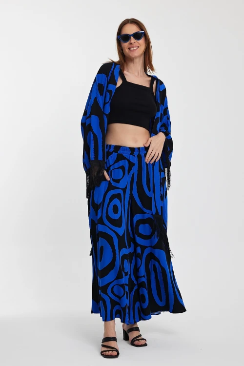 Maxi Boy Saks Püskül Detaylı Kimono Ve Bol Kesim Pantolon Dokuma Viscon Alt Üst Takım BCVL-251018