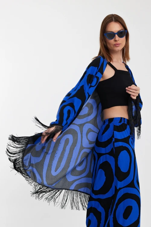 Maxi Boy Saks Püskül Detaylı Kimono Ve Bol Kesim Pantolon Dokuma Viscon Alt Üst Takım BCVL-251018