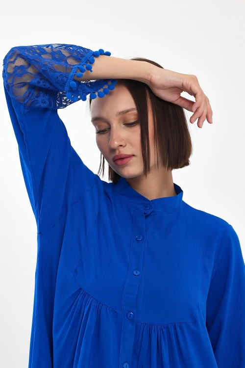 Maxi Boy Saks Tül Detaylı Uzun Boy Dokuma Viscon Elbise BCVL-25983