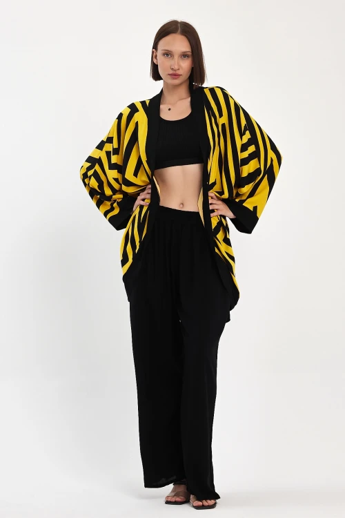 Maxi Boy Sarı Baskılı Kimono Ve Pantolon Dokuma Viscon Alt Üst Takım BCVL-251061