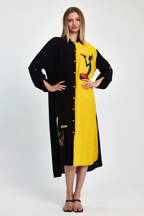 Maxi Boy Sarı Nakış İşlemeli Dokuma Viscon Elbise BCVL-251012