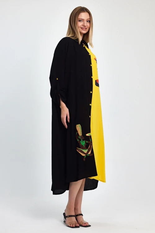 Maxi Boy Sarı Nakış İşlemeli Dokuma Viscon Elbise BCVL-251012