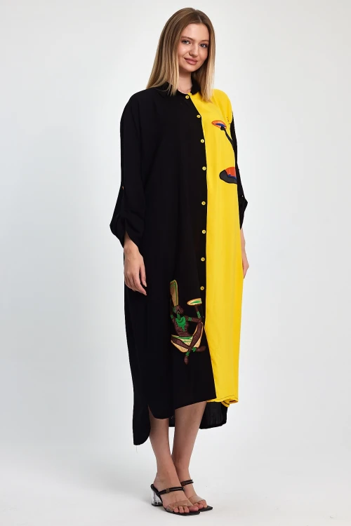 Maxi Boy Sarı Nakış İşlemeli Dokuma Viscon Elbise BCVL-251012