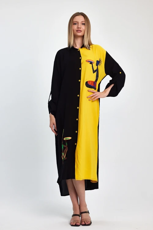 Maxi Boy Sarı Nakış İşlemeli Dokuma Viscon Elbise BCVL-251012