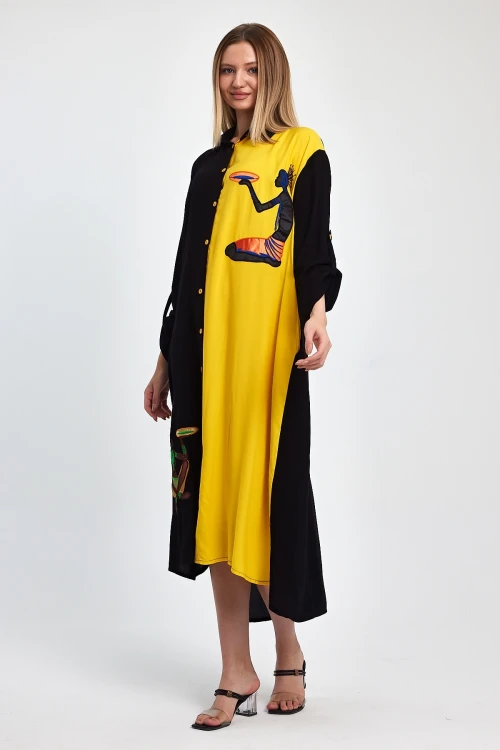 Maxi Boy Sarı Nakış İşlemeli Dokuma Viscon Elbise BCVL-251012