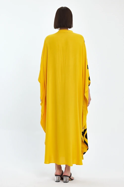 Maxi Boy Sarı Nakış İşlemeli Dokuma Viscon Elbise BCVL-251033