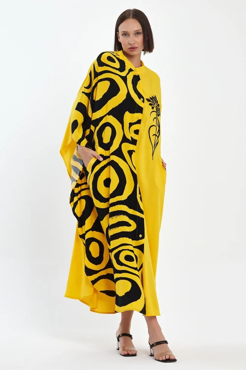 Maxi Boy Sarı Nakış İşlemeli Dokuma Viscon Elbise BCVL-251033