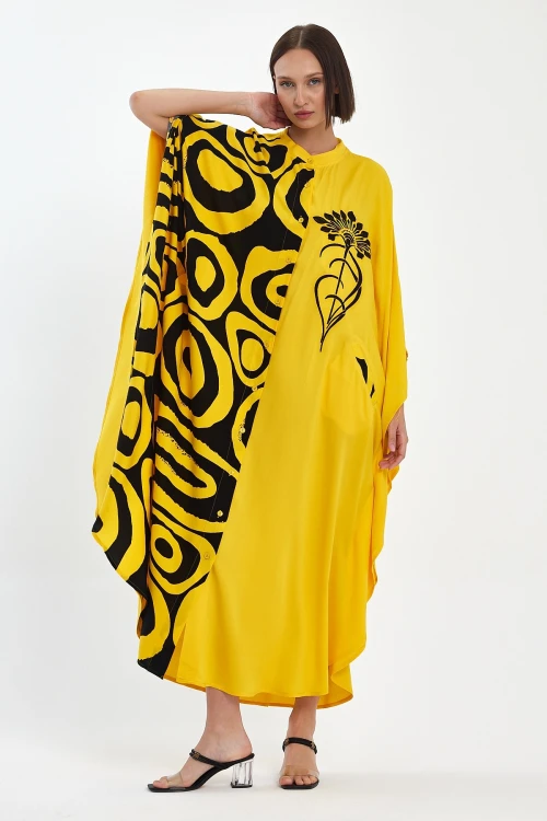 Maxi Boy Sarı Nakış İşlemeli Dokuma Viscon Elbise BCVL-251033