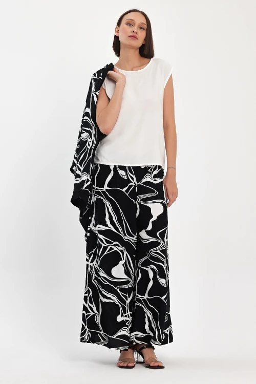 Maxi Boy Siyah Baskılı Kimono Ve Pantolon Dokuma Viscon Alt Üst Takım BCVL-251068