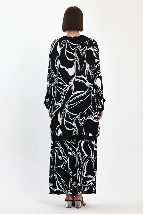 Maxi Boy Siyah Baskılı Kimono Ve Pantolon Dokuma Viscon Alt Üst Takım BCVL-251068