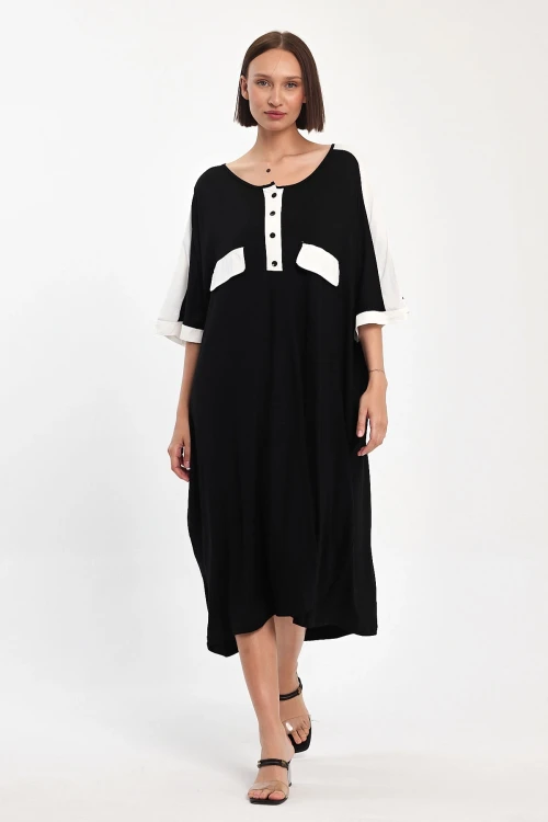 Maxi Boy Siyah Baskılı Dokuma Viscon Elbise BCVL-251066