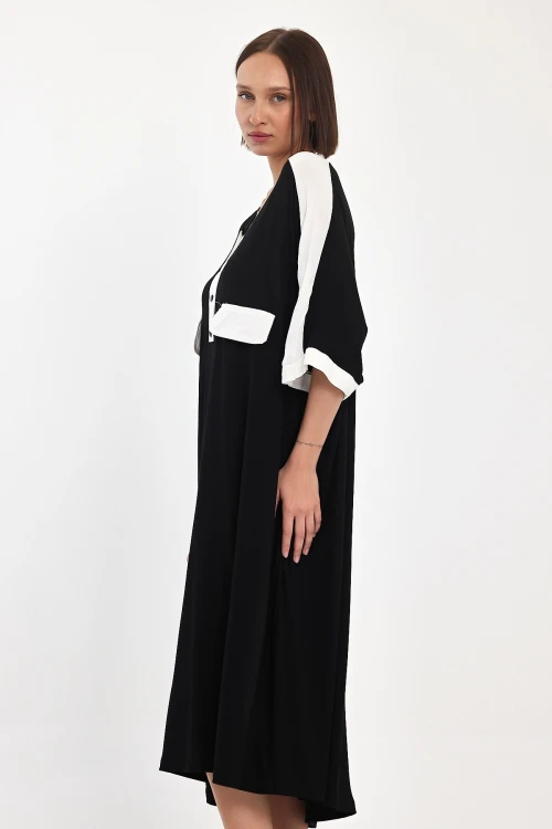 Maxi Boy Siyah Baskılı Dokuma Viscon Elbise BCVL-251066