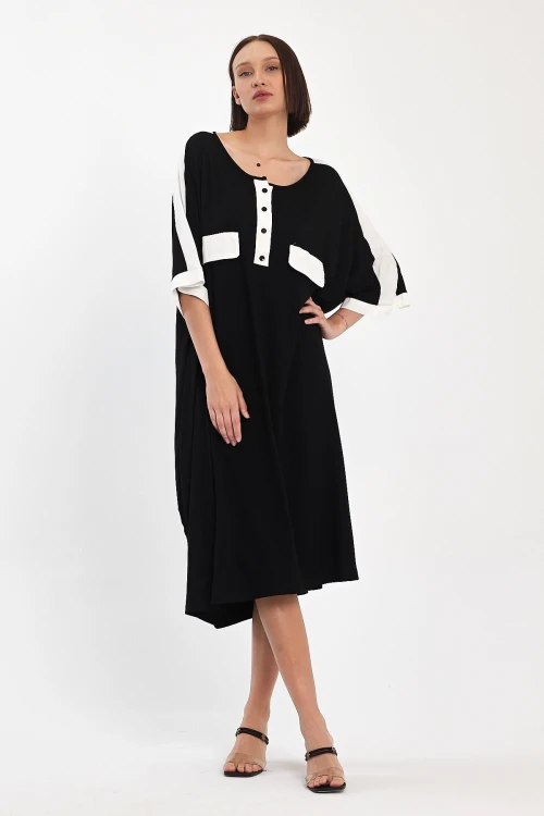 Maxi Boy Siyah Baskılı Dokuma Viscon Elbise BCVL-251066