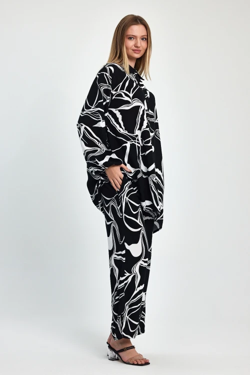 Maxi Boy Siyah Baskılı Tunik Ve Pantolon Dokuma Viscon Alt Üst Takım BCVL-251055