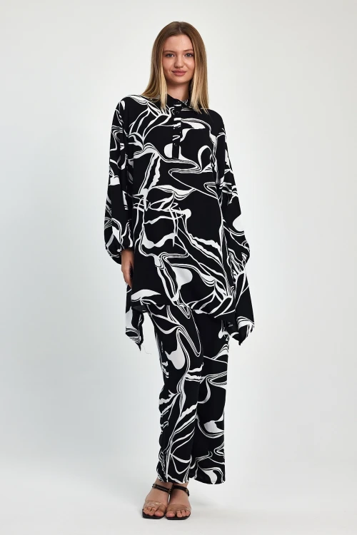 Maxi Boy Siyah Baskılı Tunik Ve Pantolon Dokuma Viscon Alt Üst Takım BCVL-251055