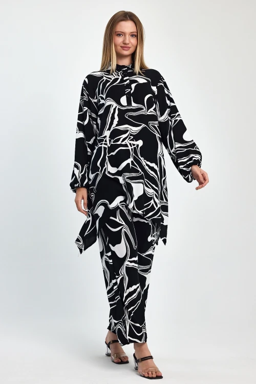 Maxi Boy Siyah Baskılı Tunik Ve Pantolon Dokuma Viscon Alt Üst Takım BCVL-251055