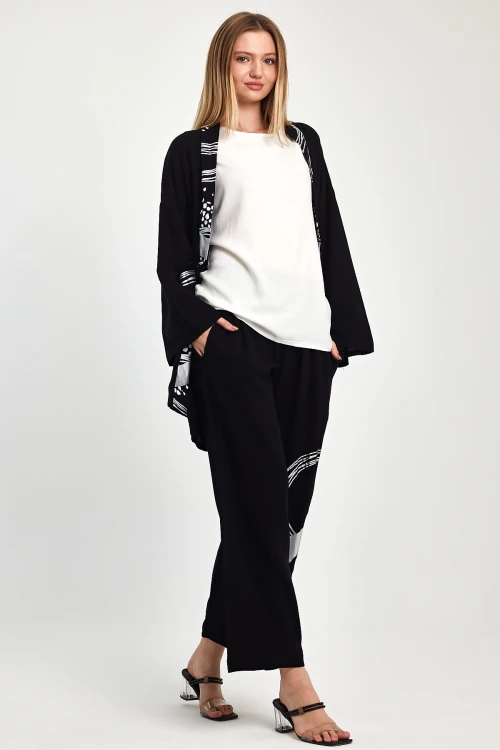 Maxi Boy Siyah Beyaz Baskılı Kimono Ve Pantolon Dokuma Viscon Alt Üst Takım BCVL-251084
