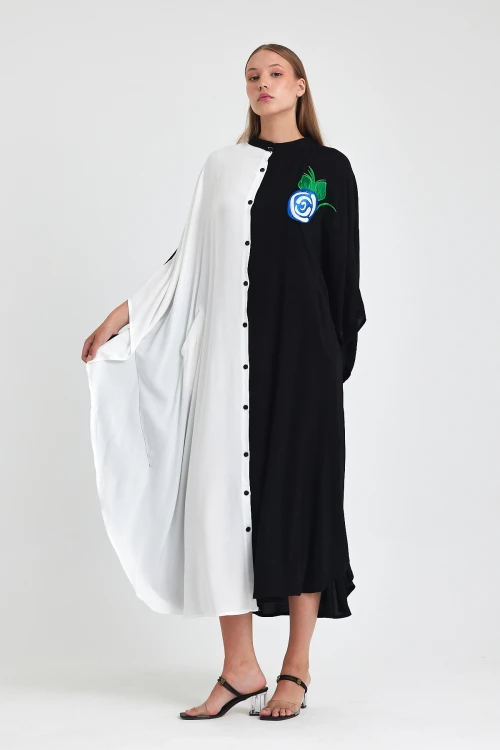 Maxi Boy Siyah Beyaz Nakış İşlemeli Dokuma Viscon Elbise BCVL-25993-1