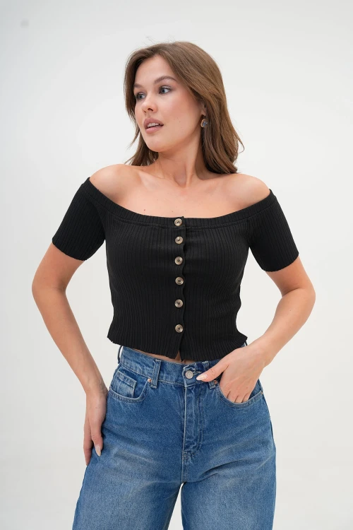 Siyah Düğme Detaylı Fitilli Kaşkorse Bluz BC25PKN05
