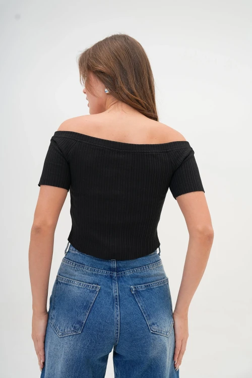 Siyah Düğme Detaylı Fitilli Kaşkorse Bluz BC25PKN05