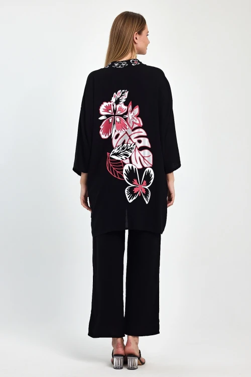 Maxi Boy Siyah Fuşya Nakış İşlemeli Ceket Ve Pantolon Dokuma Viscon Alt Üst Takım BCVL-251056