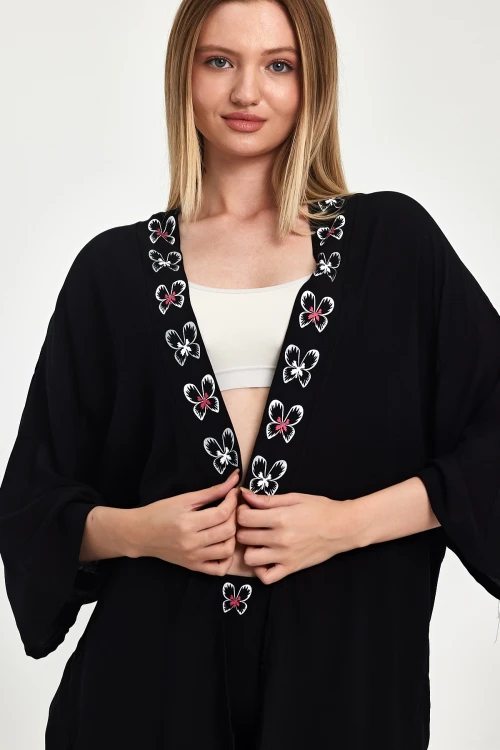 Maxi Boy Siyah Fuşya Nakış İşlemeli Ceket Ve Pantolon Dokuma Viscon Alt Üst Takım BCVL-251056