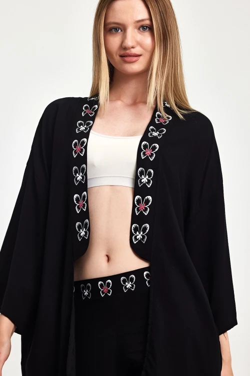 Maxi Boy Siyah Fuşya Nakış İşlemeli Ceket Ve Pantolon Dokuma Viscon Alt Üst Takım BCVL-251056