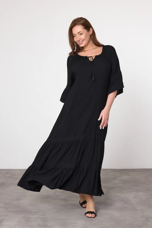 Maxi Boy Siyah Kayık Yaka Dokuma Viscon Elbise BCVL-25973