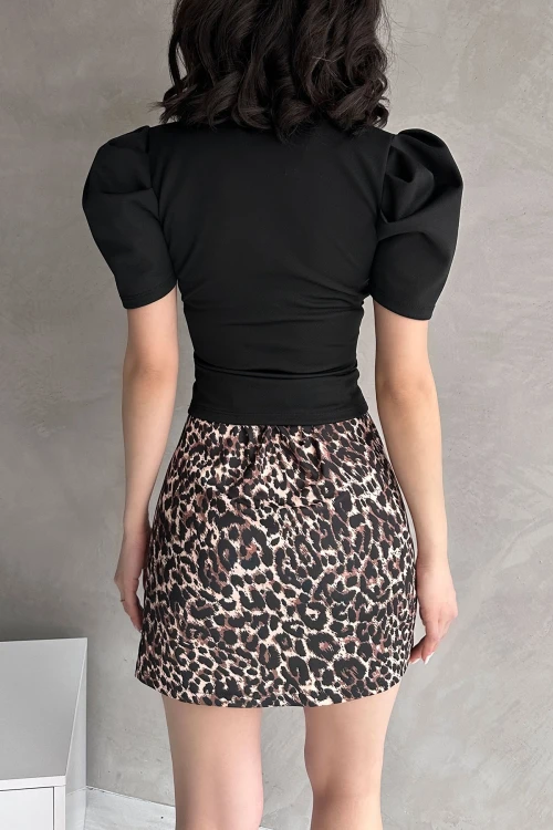 Siyah Kruvaze Yaka Karpuz Kol Crep Bluz