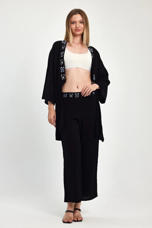 Maxi Boy Siyah Mavi Nakış İşlemeli Ceket Ve Pantolon Dokuma Viscon Alt Üst Takım BCVL-251056