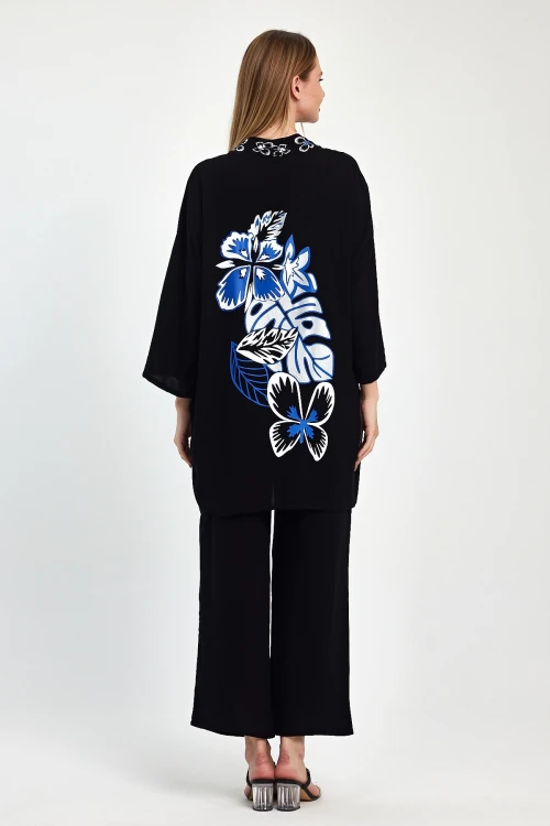 Maxi Boy Siyah Mavi Nakış İşlemeli Ceket Ve Pantolon Dokuma Viscon Alt Üst Takım BCVL-251056