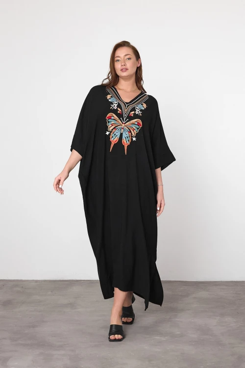 Maxi Boy Siyah Mavi Nakış İşlemeli Dokuma Viscon Elbise BCVL-25V046