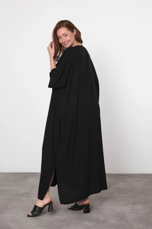 Maxi Boy Siyah Mavi Nakış İşlemeli Dokuma Viscon Elbise BCVL-25V046