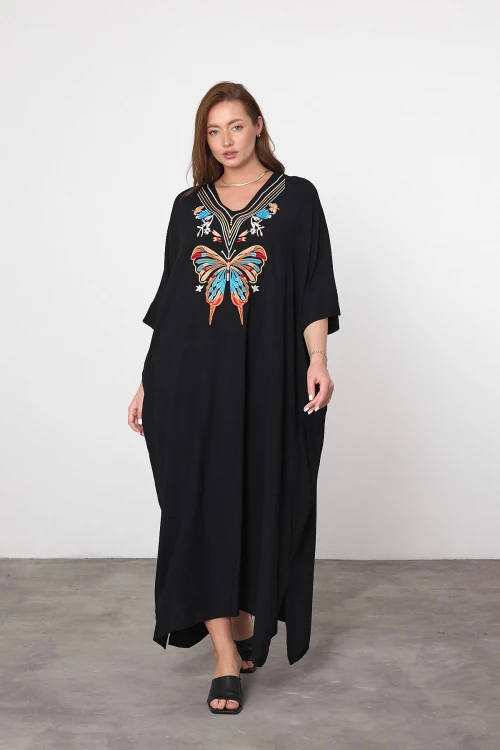 Maxi Boy Siyah Mavi Nakış İşlemeli Dokuma Viscon Elbise BCVL-25V046