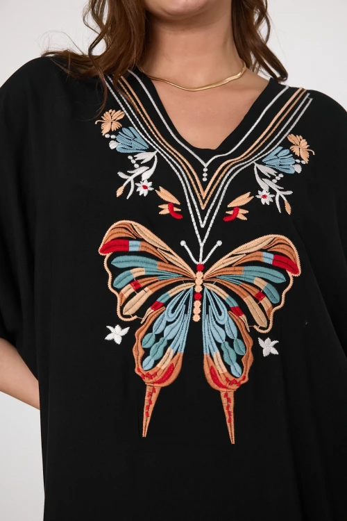 Maxi Boy Siyah Mavi Nakış İşlemeli Dokuma Viscon Elbise BCVL-25V046