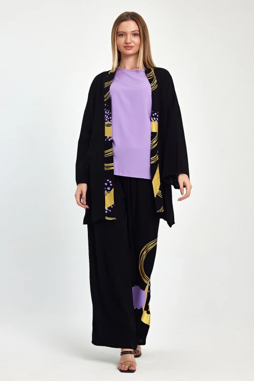 Maxi Boy Siyah Mor Baskılı Kimono Ve Pantolon Dokuma Viscon Alt Üst Takım BCVL-251084