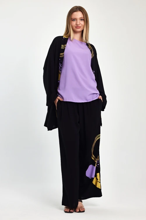 Maxi Boy Siyah Mor Baskılı Kimono Ve Pantolon Dokuma Viscon Alt Üst Takım BCVL-251084