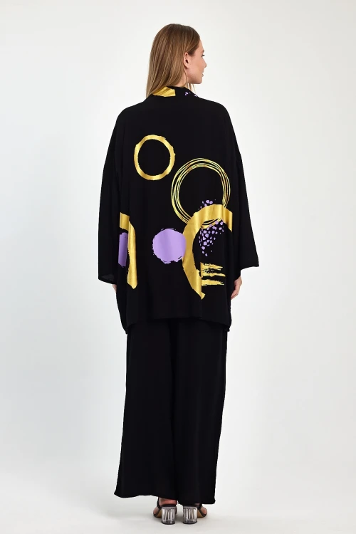 Maxi Boy Siyah Mor Baskılı Kimono Ve Pantolon Dokuma Viscon Alt Üst Takım BCVL-251084