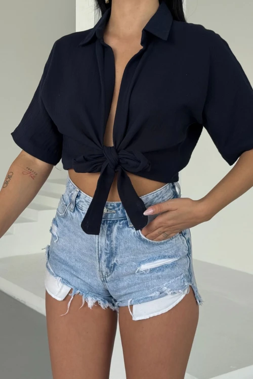 Siyah Müslin Keten Bağlamalı Bluz BCBT-251000