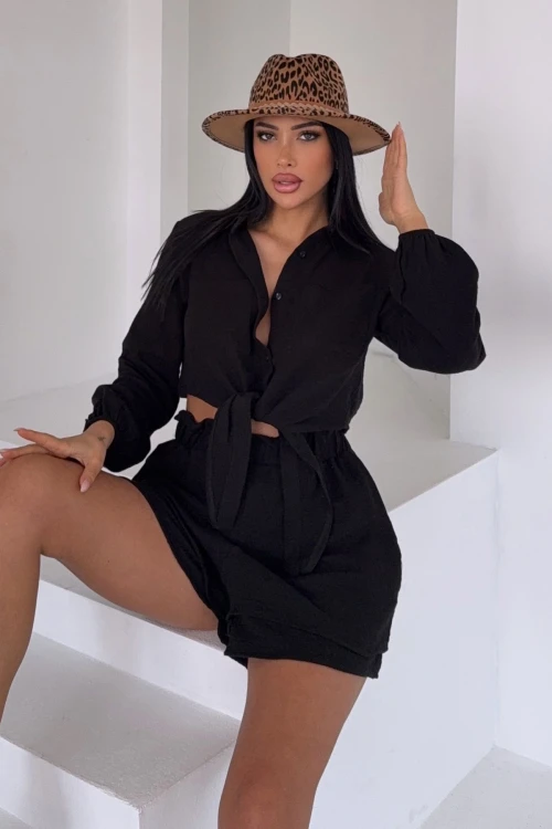 Siyah Müslin Keten Şortlu Alt Üst Takım BCBT-251001