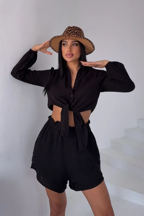 Siyah Müslin Keten Şortlu Alt Üst Takım BCBT-251001