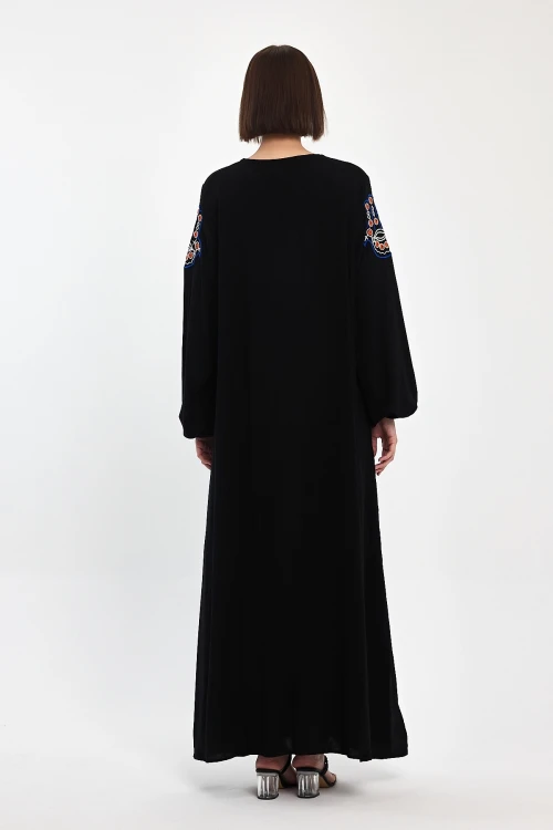 Maxi Boy Siyah Nakış İşlemeli Dokuma Viscon Elbise BCVL-251044