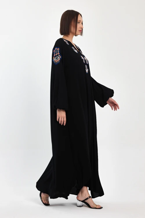 Maxi Boy Siyah Nakış İşlemeli Dokuma Viscon Elbise BCVL-251044