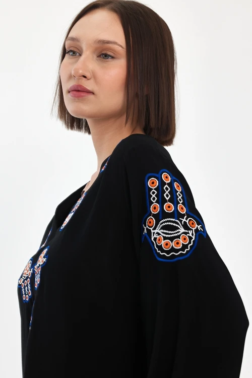 Maxi Boy Siyah Nakış İşlemeli Dokuma Viscon Elbise BCVL-251044