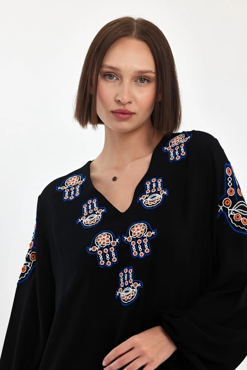 Maxi Boy Siyah Nakış İşlemeli Dokuma Viscon Elbise BCVL-251044