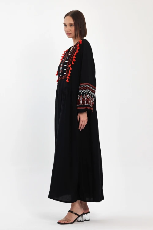 Maxi Boy Siyah Nakış İşlemeli Dokuma Viscon Elbise BCVL-251070